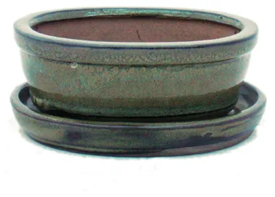 Produktbild von Bonsai-Schale mit Unterteller Gr. 1 - Oliv-Braun - oval - Modell O7 - L 12cm - B 9,5cm - H 4,5 cm