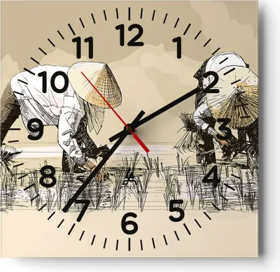 Produktbild von Wanduhr - Quadrat - Glasuhr - Reis Asien Feld Wasser - 40x40cm - Schleichendes Uhrwerk - Lautlos - zum Aufhängen bereit - Dekoration Modern - Wanddekoration aus Glas - C4AC40x40-3539