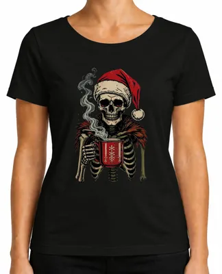 Produktbild von Totenkopf Santa Skelett Weihnachtsmann Kaffee Dark Christmas Skull Damen T-Shirt, Schwarz, XXL