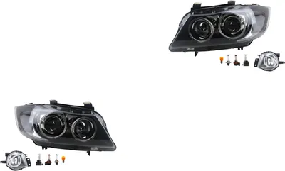 Zdjęcie produktu dla Komplet reflektorów ksenonowych pasujących do BMW serii 3 (E90, E91) rocznik 2005-2008, typ żarówek D1S i H7, z dodatkowymi światłami przeciwmgielnymi i oświetleniem drogowym. Numery części: 63176948373, 6948373, 63176948374, 6948374, 63117161667, 7161667. 63 Johns