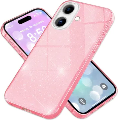 A pink glitter phone case is shown with a phone inside, displaying the phone's screen.