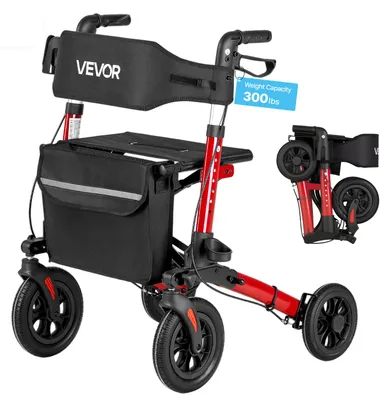 Produktbild von VEVOR Rollator 3-Fach Faltbar mit Sitz, Leichter Gehwagen mit 4 Reifen, Gehhilfe bis 136 kg mit Rückenlehne Tasche Gehstockhalter, Höheverstellbare Laufhilfe mit Feststellfunktion für Senioren, Rot