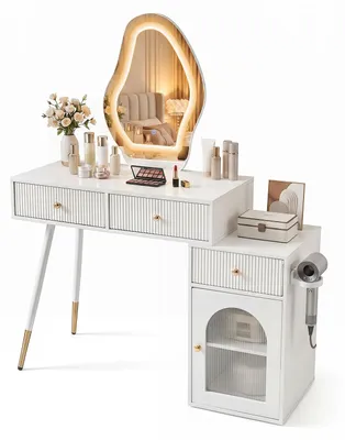 Produktbild von COSTWAY Schminktisch mit Spiegel, LED, 3 Lichtmodi & dimmbarer Helligkeit, Frisiertisch inkl. Seitenschrank, 3 Schubladen & Halter, Kosmetiktisch weiß
