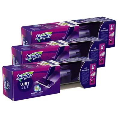 Imagen del producto de Kit de inicio Swiffer WetJet para limpieza de suelos: incluye paños de limpieza y limpiador para suelos (paquete de 3)