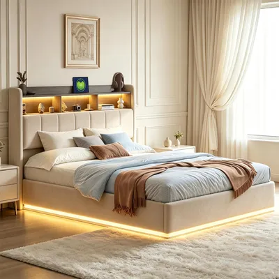 Image de Lit rembourré INONEFT 140x200 cm avec LED et USB, lit coffre hydraulique, lit double avec rangement et sommier à lattes, lit pour adolescents avec tête de lit, en velours, couleur beige
