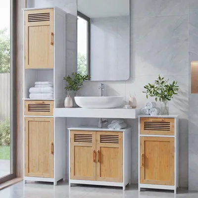 Immagine prodotto di Set da bagno HWC-A85, mobile alto lavabo, cassettiera in bambù,  MVG, bianco