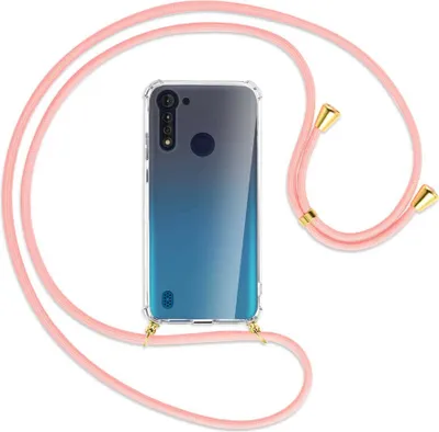 Produktbild von Handykette Backcover-Schutzhülle mit Band (Metall goldfarben) für Motorola Moto G8 Power Lite - rosa