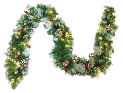 Image de Guirlande de Noël LILIIN, 5 mètres, avec 75 LED, guirlande de sapin artificielle avec des baies rouges et des flocons de neige, lumière blanc chaud, 8 modes, pour intérieur et extérieur