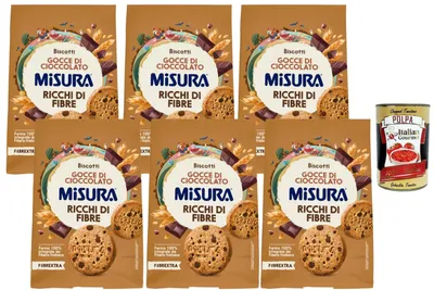 Produktbild von Italian Gourmet - Fibrextra, Vollkornkekse mit Schokotropfen – 6 x 290 g (1740 g), Ballaststoffreich Fibrextra, Italienische Cookies, Knusprige Kekse für Frühstück & Snack + Italian Gourmet Polpa