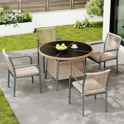 Produktbild von 5-teilig Rattan & Seilgeflecht Gartensitzgruppe Lounge-Set für 4 Personen, Ø110cm Glastisch & Stühle inkl. Sitzkissen, Grau