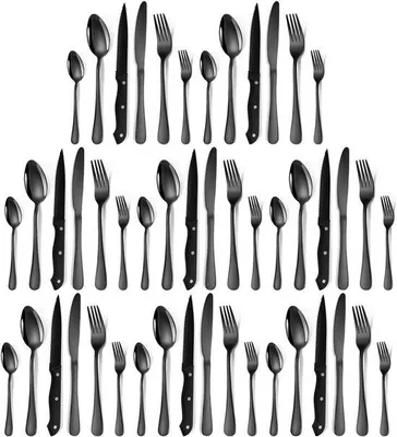 Immagine prodotto di Set di posate per 8 persone, 48 pezzi, acciaio inossidabile, nero, lavabile in lavastoviglie. Adatto al contatto con gli alimenti. Set completo di posate incluso. Design lucido a specchio.