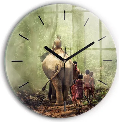 Produktbild von Wallfluent Wanduhr – Stilles Quarzuhrwerk - Uhr Dekoration Wohnzimmer Schlafzimmer Küche - Zifferblatt mit Striche - schwarze Zeiger - 30 cm - Kinder führen einen Elefanten
