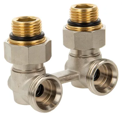 Produktbild von tecuro Hahnblock-Verschraubung für 2-Rohrbetrieb, Abstand 50 mm, Eckform, einzeln absperrbar, Messing vernickelt