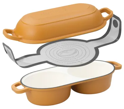 Zdjęcie produktu dla Zestaw garnków do pieczenia chleba z żeliwa, emaliowany, 5 litrów, 2 komory do pieczenia, z łopatką do chleba, kolor pomarańczowy