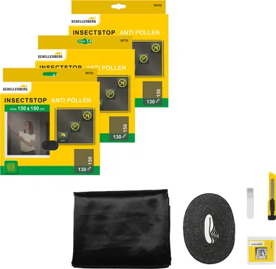 Produktbild von Schellenberg 3er Pack 50722 Pollen-Fliegengitter für Fenster, kombiniert Pollenschutz und Insektenschutz, 130 x 150 cm, anthrazit