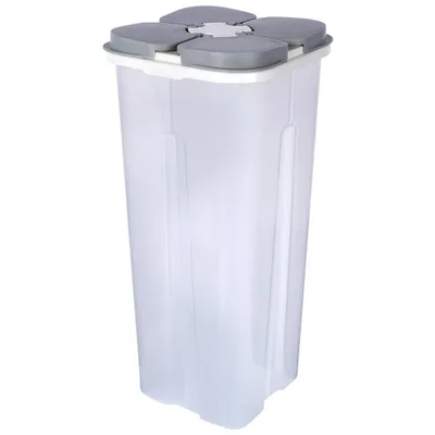 A clear, studio shot of a transparent food storage container with a gray and white lid.
