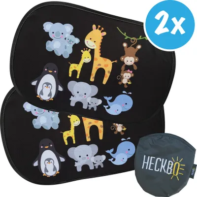 Produktbild von 2x HECKBO Auto Sonnenblende mit 8 Saugnäpfen - Baby Tiere mit Mama - 48cm x 31cm - Auto Sonnenschutz Autosonnenblende - mit Tasche - für Baby Kinder Mädchen Jungen