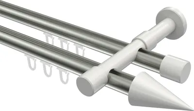 Produktbild von Interdeco Innenlaufstange / Gardinenstange mit Innenlauf Edelstahl-Optik / Weiß, Typ Prestige Savio (Kegel), 20 mm Ø 2-läufig, 420 cm