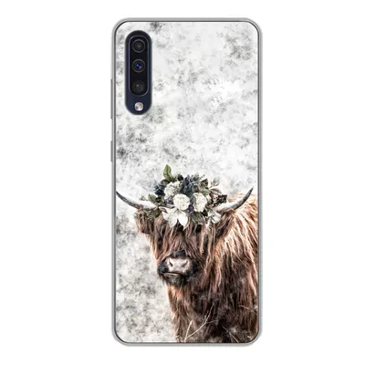 Produktbild von MuchoWow® Handyhülle Schutzhülle Hülle für Samsung Galaxy A50 Schottischer Highlander - Marmor - Blumen Silikon Softcase Handy Hülle - Mobiltelefonhülle