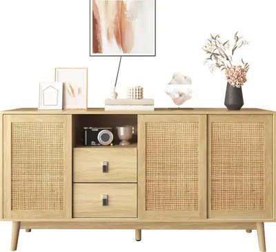 Produktbild von Fortuna Lai Wohnzimmer Sideboard mit 2 Türen und 2 Schubladen Aufbewahrungsmöbel, Esszimmer mit Rattantüren