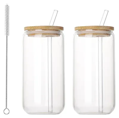 Trinkgläser mit Deckel & Strohhalm, 2 Stk., 500 ml, Glas