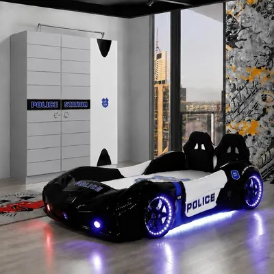 Immagine prodotto di Letto a forma di auto da corsa, nero, per bambini, con armadio a LED