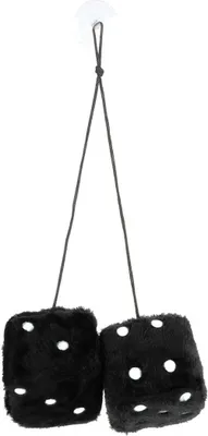 Produktbild von Plüsch Würfel zum Aufhängen, 2 Stck. verbunden mit ca. 60 cm Band inkl. Saugnapf-Halter für LKW oder Wohnmobil, Plüschwürfel als Glücksbringer Größe je Würfel 8 x 8 x 8 cm, schwarz