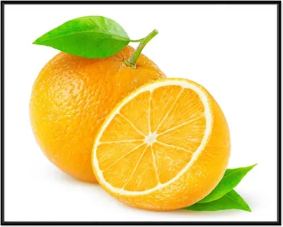 Produktbild von Wallario Wandbild Saftige Orangen vor weißem Hintergrund, Größe: 40,30 x 50,30 cm, Poster mit schwarzem Aluminiumrahmen