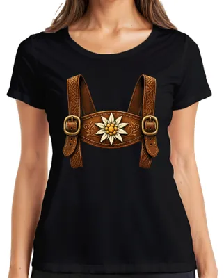 Productafbeelding van Lederhosen, traditionele kleding, Edelweiß, , Beierse kleding, Dirndl, Alpen, dames T-shirt, zwart, maat M