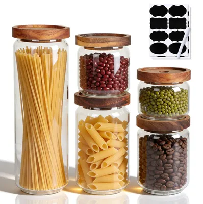 Image de Ensemble de 5 bocaux de conservation hermétiques avec couvercles en bois