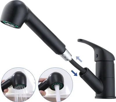 Produktbild von Homelody Schwarz Wasserhahn Küche，Küchenarmaturen mit 2 Strahlarten Armatur mit Ausziehbarer Brause,  Mischbatterie Küche für Dual-Spülbecken
