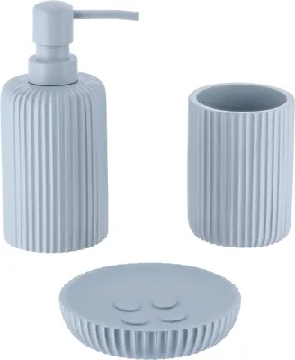 Produktbild von Becherset seifenspender und seifenschale aus gestreiftem polyresin - hellblau - Tendance