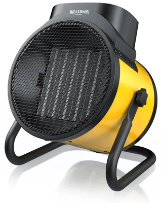 Productafbeelding van Brandson verwarmingsventilator 3000 W, rond, bouwverwarmingsapparaat met metalen behuizing, 2 warmtestanden, traploos instelbare thermostaat, kantelbaar, met voet, 220 m³ per uur, 1 stuk, geel en zwart