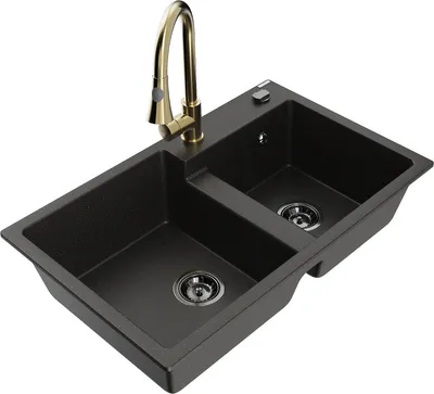 Produktbild von Mexen Tomas 2-Becken-Granitspüle mit Mischbatterie Elia, Schwarz/Gold metallisch - 6516-75-670101-50-B