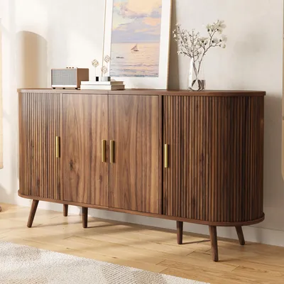 Produktbild von okwish Nussbaum Sideboard mit seitlicher Schiebetür,gebogenes Design,Aufbewahrungsschrank mit Metallgriffen,vertikaler Rillenverkleidung