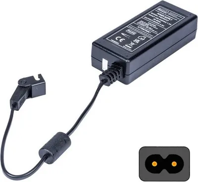 A black power adapter with a cable and connector.