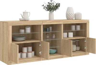 A wooden sideboard with glass shelves and doors, displaying various decorative items and kitchenware.