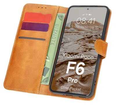 A brown leather flip case for a Xiaomi Poco F6 Pro phone, with cards and a fake banknote inserted.