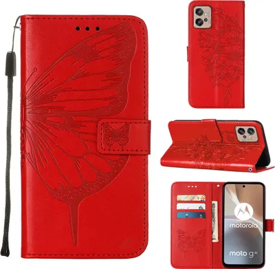 Obrázek produktu pro Moto G32 Pouzdro, Motýlí Reliéf Flip Kožené Pouzdro s Kapsami na Karty a Stojánkem pro Motorola Moto G32 červené