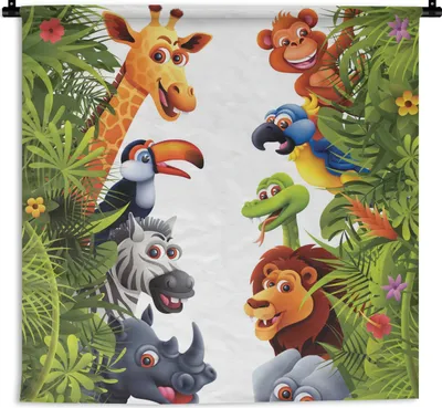 Produktbild von MuchoWow® Wandteppich Wandbehang Dschungel - Tiere - Jungen - Mädchen - Giraffe - Elefant - Kinder 90x90 cm Tapisserie Dekoration Wandtuch - Wandaufhänger