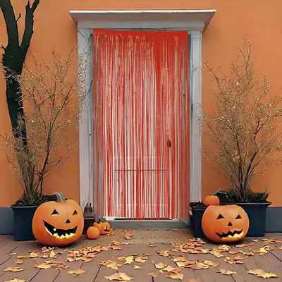 Productafbeelding van Halloween gordijn, rood, griezelige deurdecoratie, horrorfeest, enge sfeer, beangstigend uiterlijk, pompoendecoratie, herfst, carnaval, feest, spookachtig, gelegenheidsdecoratie, kleur: rood