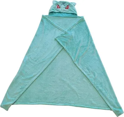 A teal hooded blanket with a Bulbasaur character design on the hood.