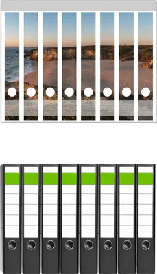 Produktbild von Wallario 8 Stück schmale Ordner inkl. Klebeetiketten mit Motive Sandstrand zwischen Felsen -  Set mit Rückenschildern / Ordnerrücken Stickern