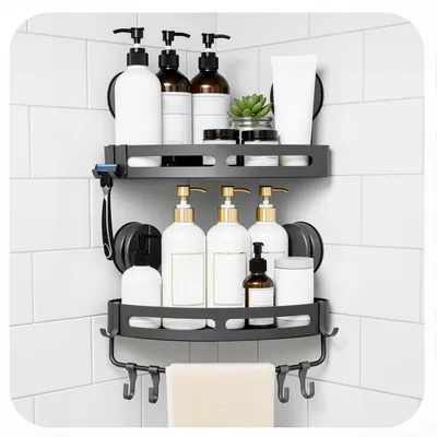 Image de Étagère de douche sans perçage, avec ventouse et crochets