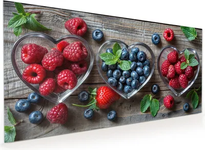 Produktbild von Küchenrückwand Spritzschutz Glas mit Motiv Herzschalen Beeren 40 x 40 cm