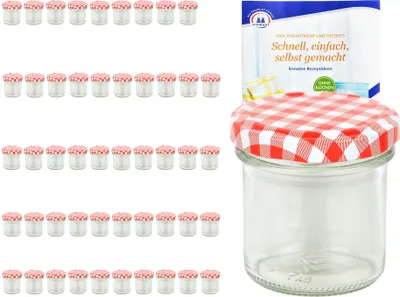 A collection of small glass jars with red and white checkered lids, and one jar in the foreground with a product box behind it.