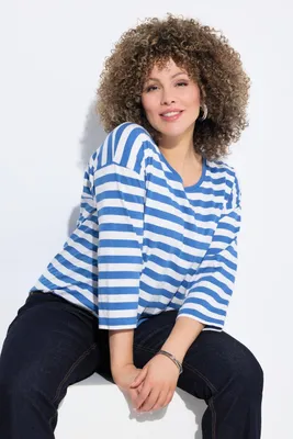 Produktbild von Ulla Popken Damen T-Shirt, Oversized, Ringel Shirt, Ägäisblau, 46-48 EU