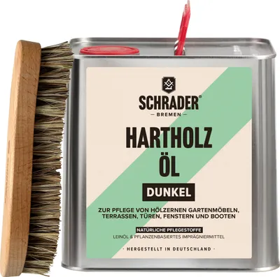 Produktbild von SCHRADER Terrassenöl dunkel -2er Set - Pflegeset mit Schmutzbürste und Hartholzöl - 2,5 Liter - auch für Holzmöbel