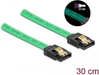 Image de Câble SATA 6 Gb/s Effet lumineux UV, vert, 30 cm, clips métalliques