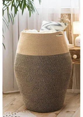 Image de Panier à linge grand, tressé, hauteur 65 cm, noir, en jute, avec 2 poignées